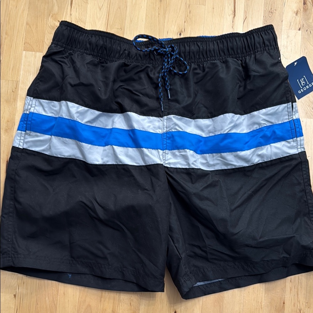 NWT GEORGE ALL-GUY SWIM TRUNKS MENS LG BLUE BLACK COLOR-BLOCK ABOVE KNEE POCKETS